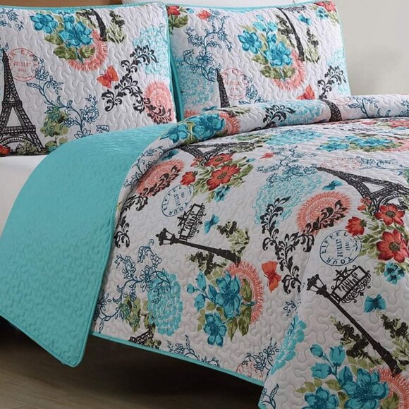 New Eiffel Tower Aqua Blue Reversible Quilt Set • 3 PC • DQ (DoubleQueen) Size - Picture 1 of 5